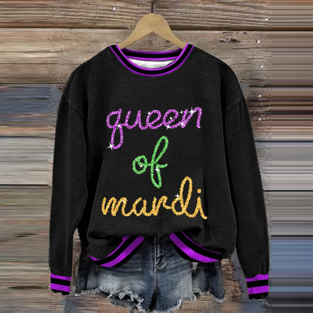 Retro Mardi Gras Queen Of Mardi Print Round Neck Sweatshirt
