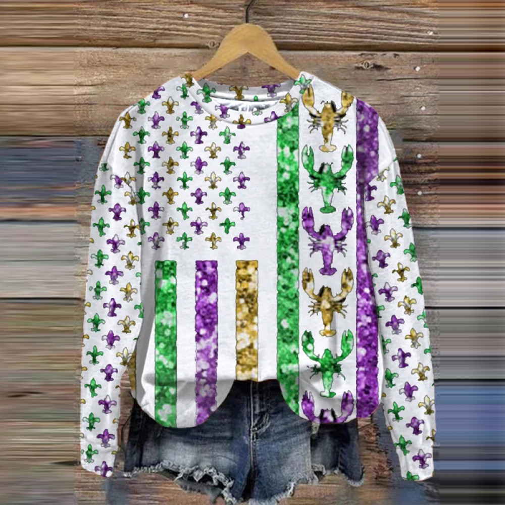 Retro Women's Mardi Gras Crawfish Flag Print Sweatshirt