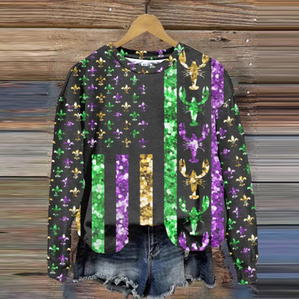 Retro Women's Mardi Gras Crawfish Flag Print Sweatshirt