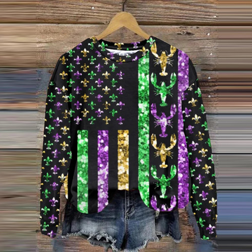 Retro Women's Mardi Gras Crawfish Flag Print Sweatshirt
