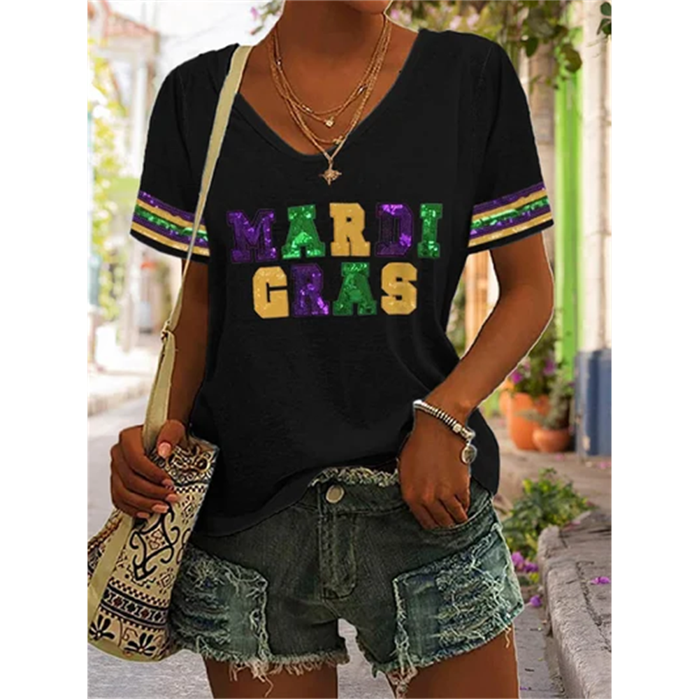 V-Neck Mardi Gras Purple Green And Gold Print T-Shirt