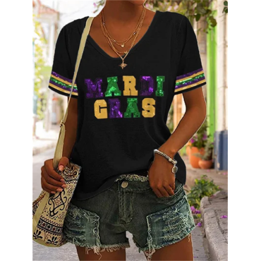 V-Neck Mardi Gras Purple Green And Gold Print T-Shirt