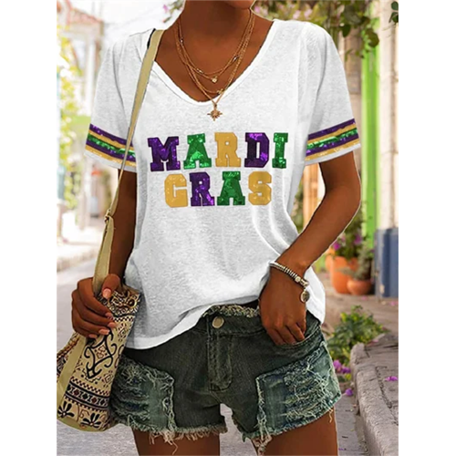V-Neck Mardi Gras Purple Green And Gold Print T-Shirt