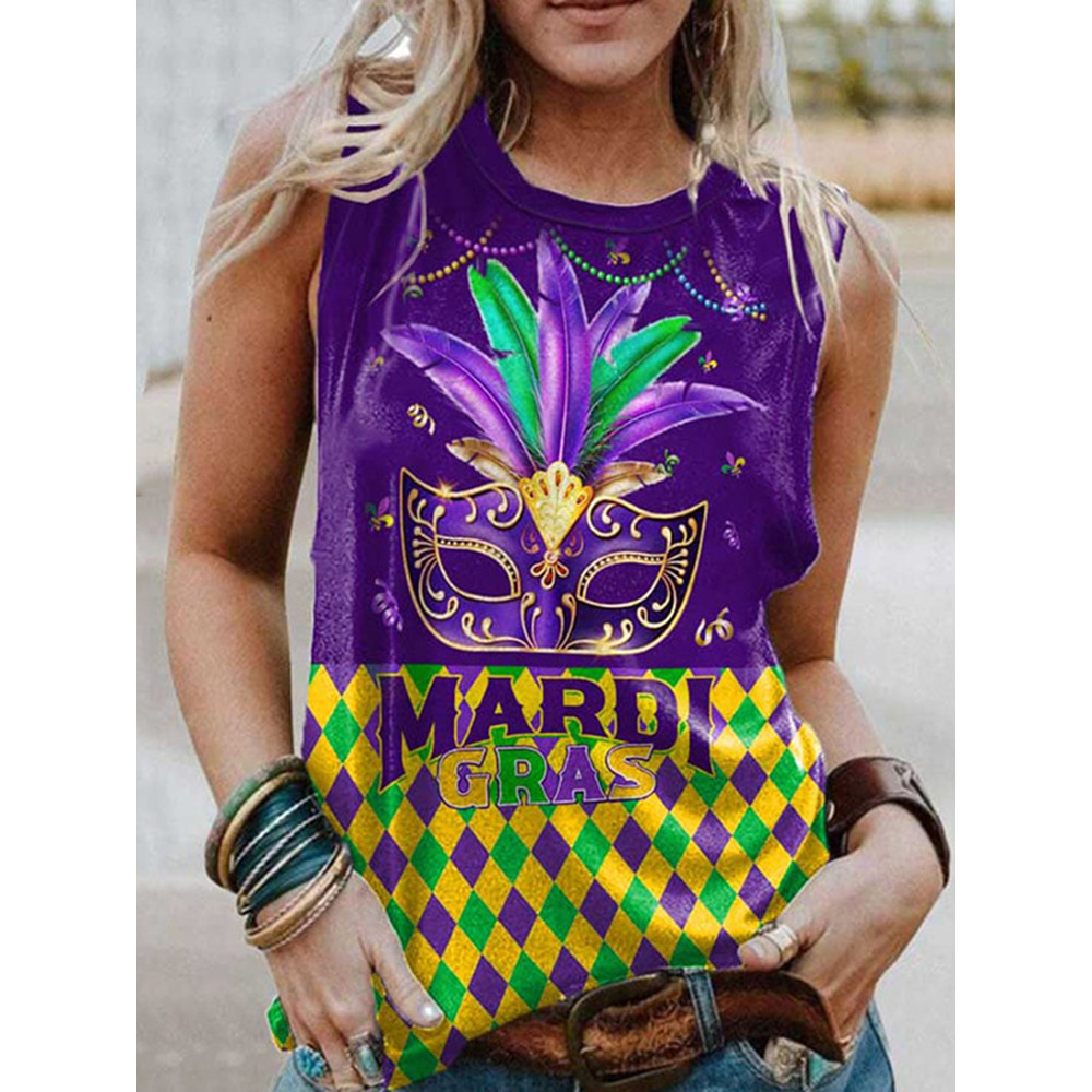 Vintage Mardi Gras Mask Beads Print Tank Top