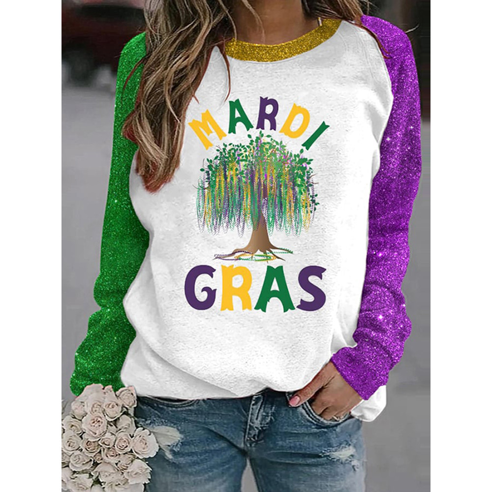 Watercolor Mardi Gras Bead Tree Round Neck Long Sleeve Sweatshirt