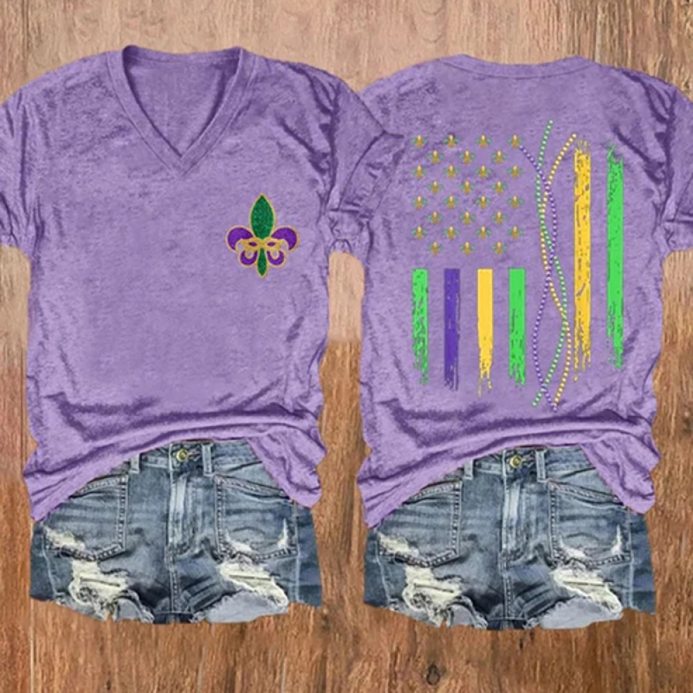 Women'S Mardi Gras Beads America Flag Casual V-Neck Tee