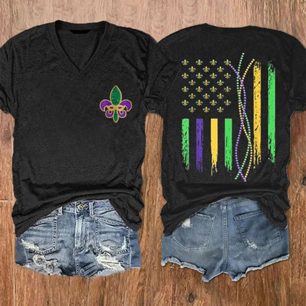Women'S Mardi Gras Beads America Flag Casual V-Neck Tee