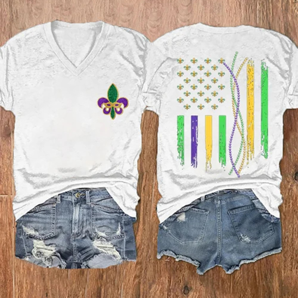 Women'S Mardi Gras Beads America Flag Casual V-Neck Tee