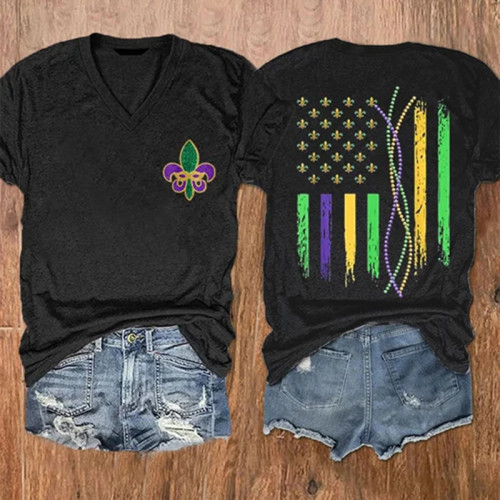 Women'S Mardi Gras Beads America Flag Casual V-Neck Tee