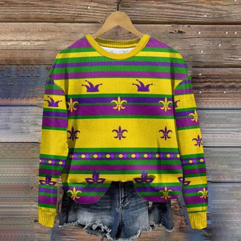 Women'S Mardi Gras Contrasting Colors Crew Neck Sweater