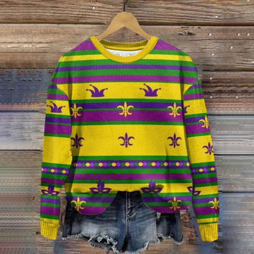 Women'S Mardi Gras Contrasting Colors Crew Neck Sweater