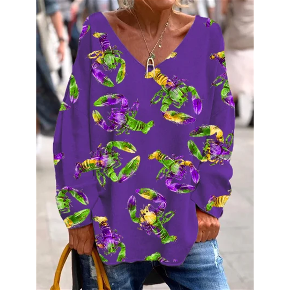 Women'S Mardi Gras Print Casual V-Neck Loose T-Shirt