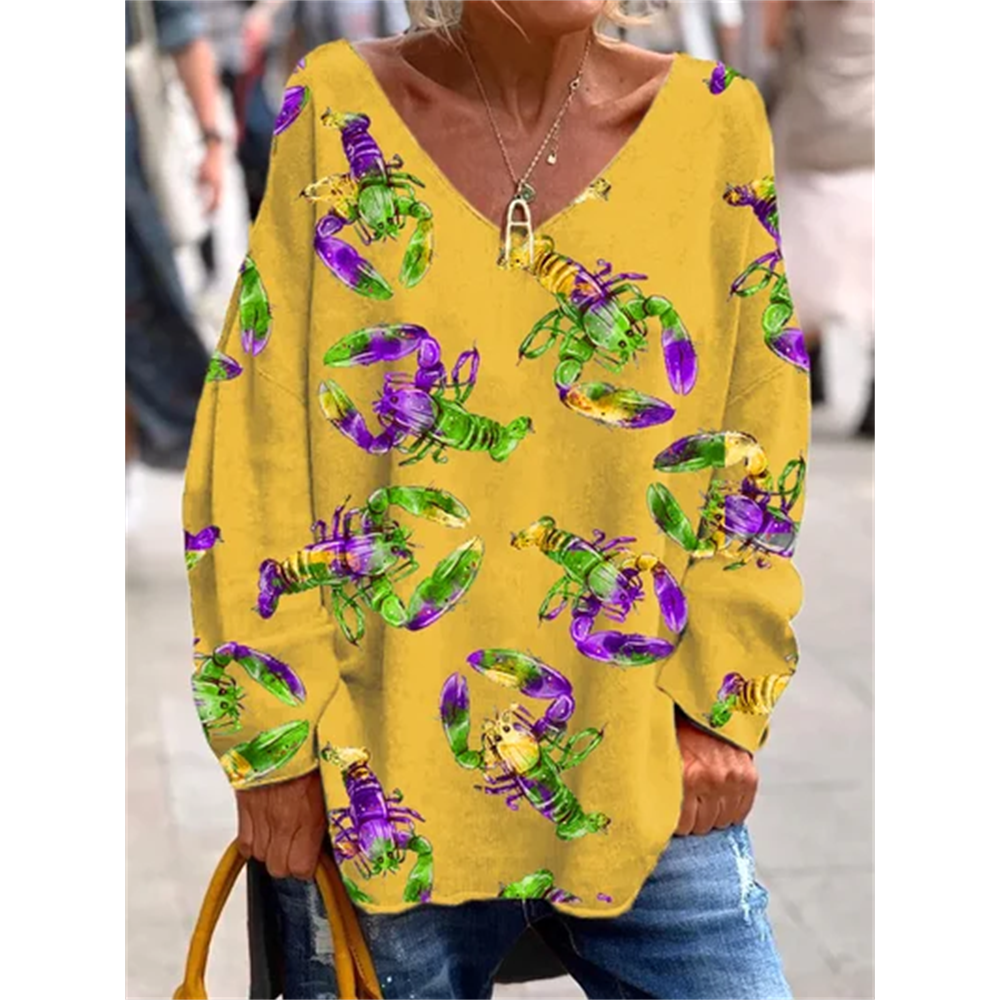 Women'S Mardi Gras Print Casual V-Neck Loose T-Shirt