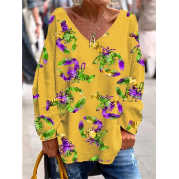 Women'S Mardi Gras Print Casual V-Neck Loose T-Shirt