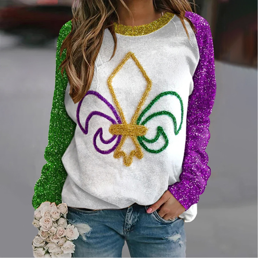 Women'S Mardi Gras Print Color Block Long Sleeve Sweatshirt