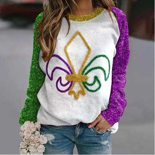Women'S Mardi Gras Print Color Block Long Sleeve Sweatshirt