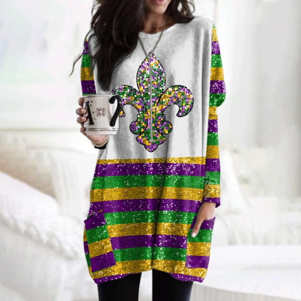 Women's Mardi Gra Print Round Neck Casual Tunic