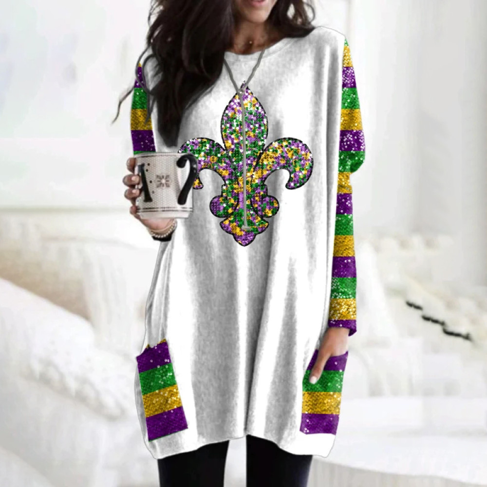 Women's Mardi Gra Print Round Neck Casual Tunic