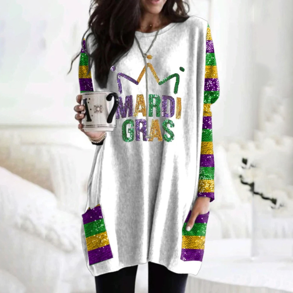 Women's Mardi Gra Print Round Neck Tunic