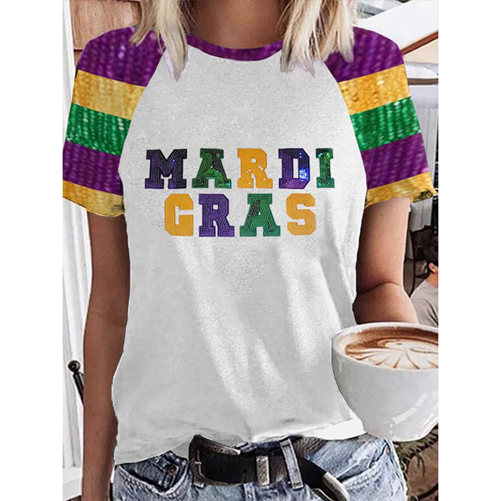 Women's Mardi Gras Color Block Sequin Print T-Shirt