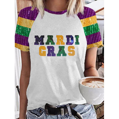 Women's Mardi Gras Color Block Sequin Print T-Shirt