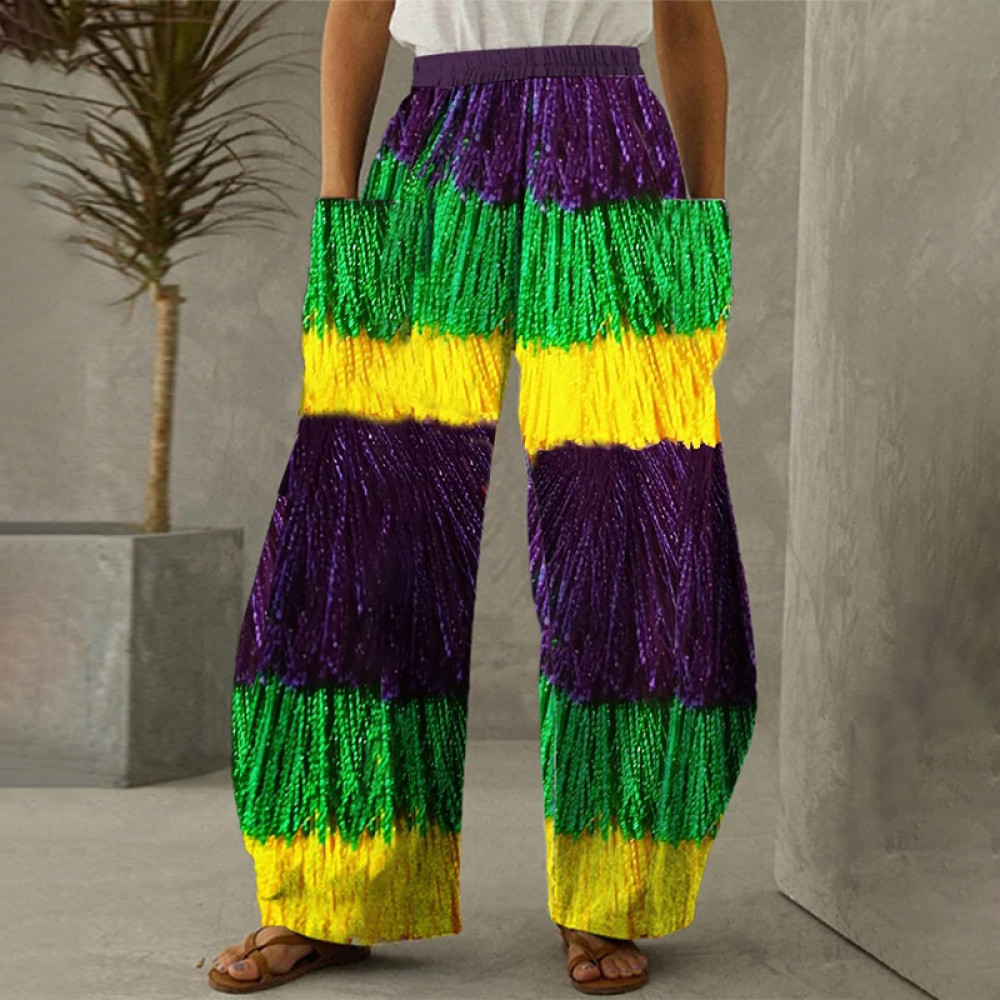Women's Mardi Gras Fringe Print Wide Leg Casual Pants