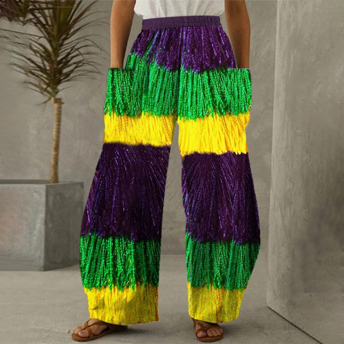 Women's Mardi Gras Fringe Print Wide Leg Casual Pants
