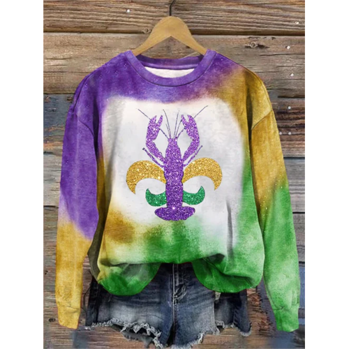 Women's Mardi Gras Glitter Crawfish Tie-Dye Print Casual Sweatshirt