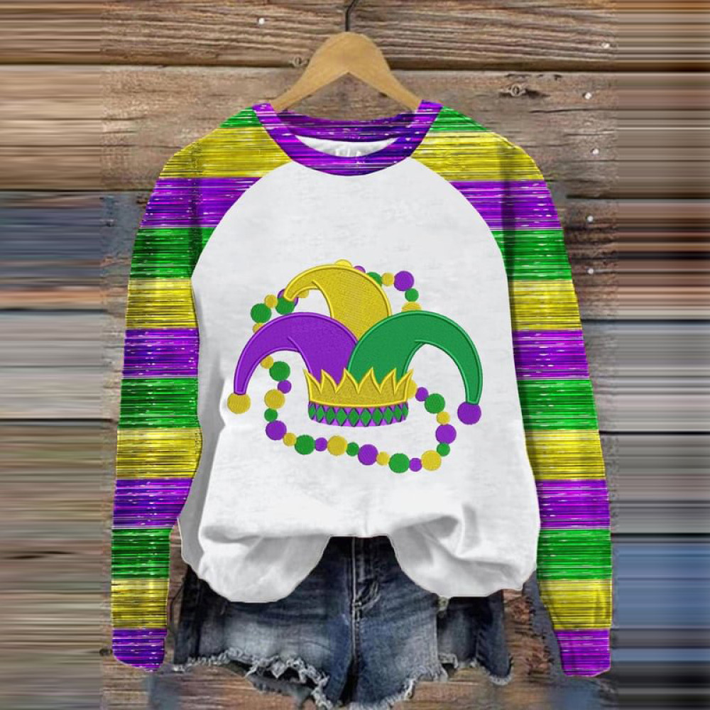 Women's Mardi Gras Print Round Neck Sweatshirt