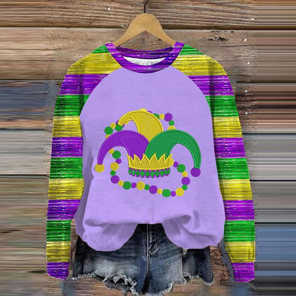 Women's Mardi Gras Print Round Neck Sweatshirt