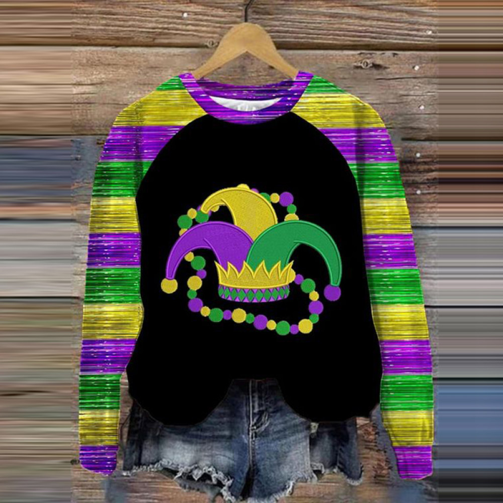 Women's Mardi Gras Print Round Neck Sweatshirt