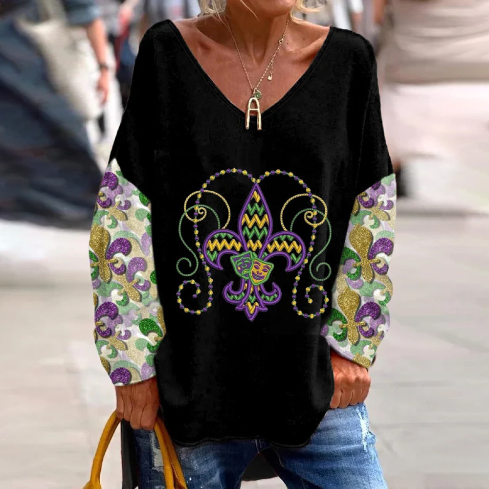 Women's Mardi Gras Print V-Neck Long-Sleeved T-Shirt