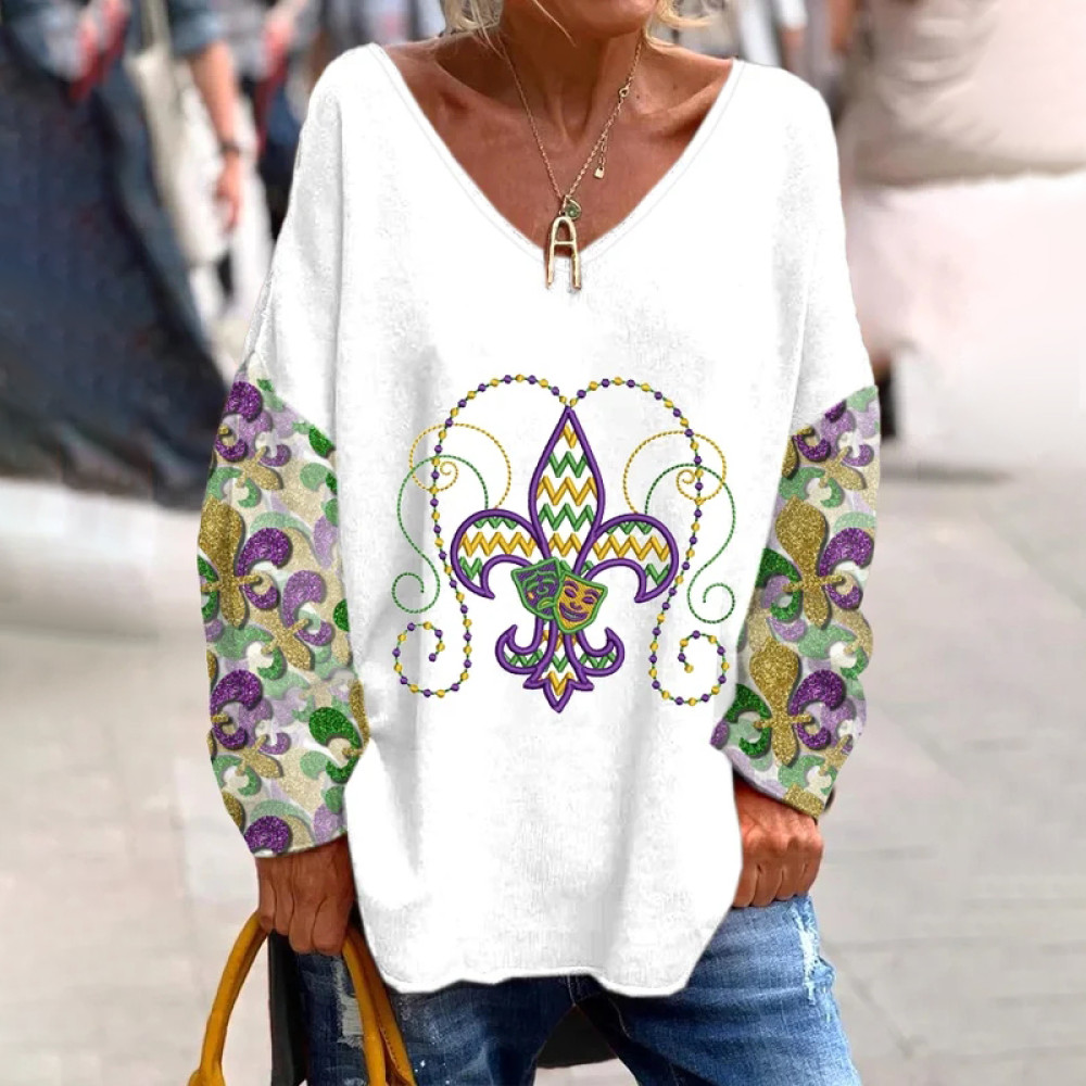 Women's Mardi Gras Print V-Neck Long-Sleeved T-Shirt