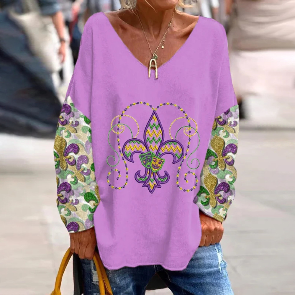 Women's Mardi Gras Print V-Neck Long-Sleeved T-Shirt