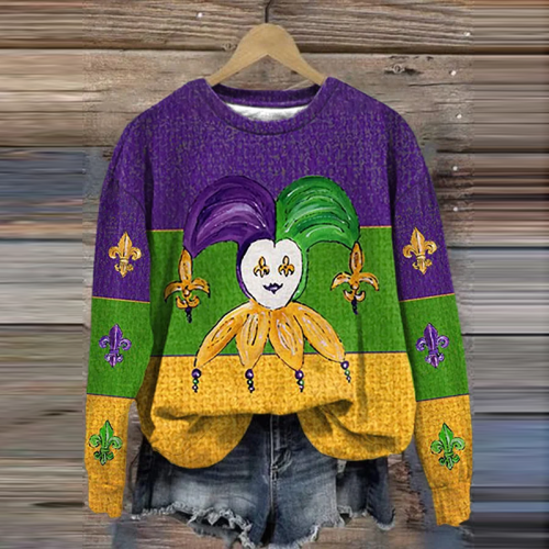 Women's Mardi Gras Printed Round Neck Sweatshirt