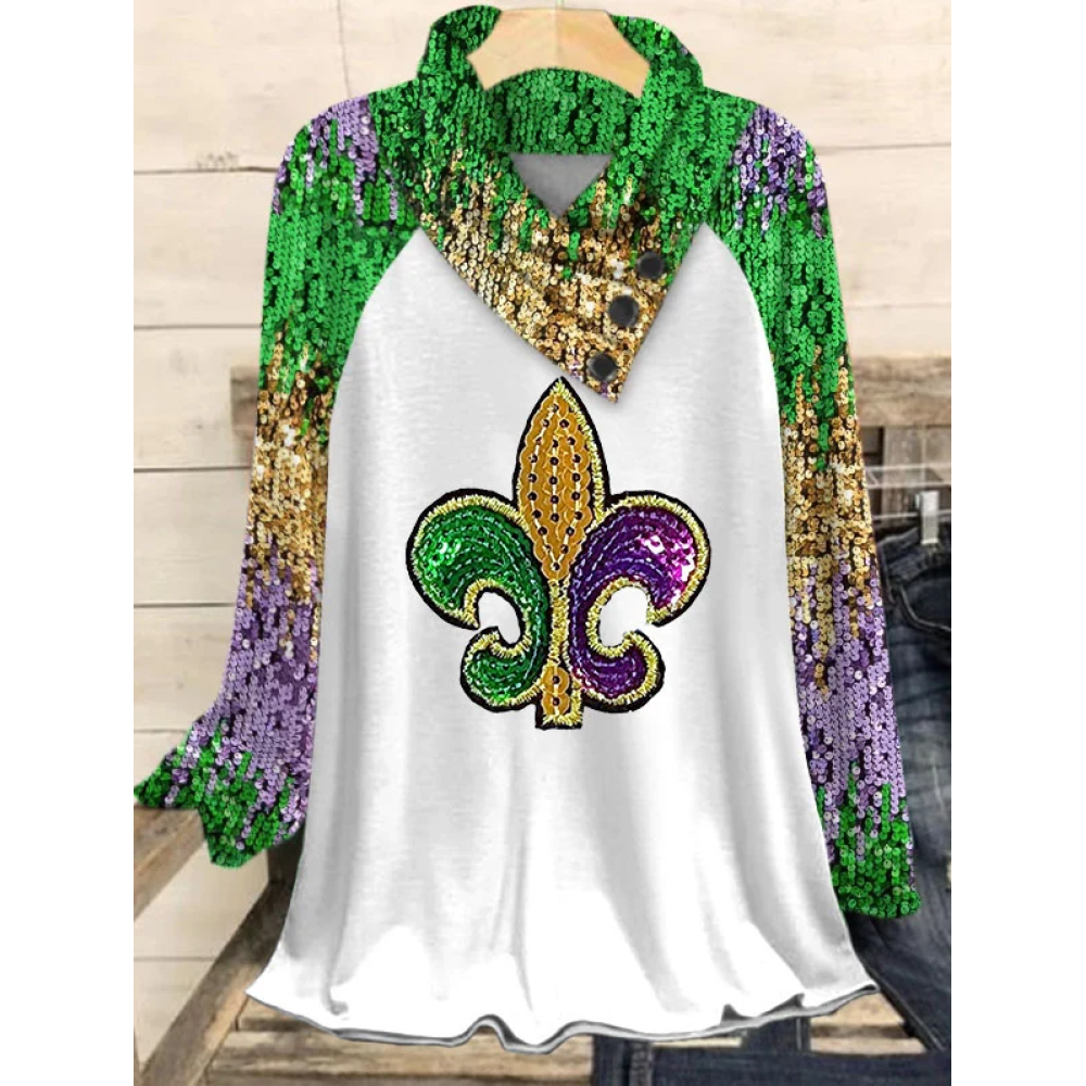 Women's Mardi Gras Printed V-Neck Top ​