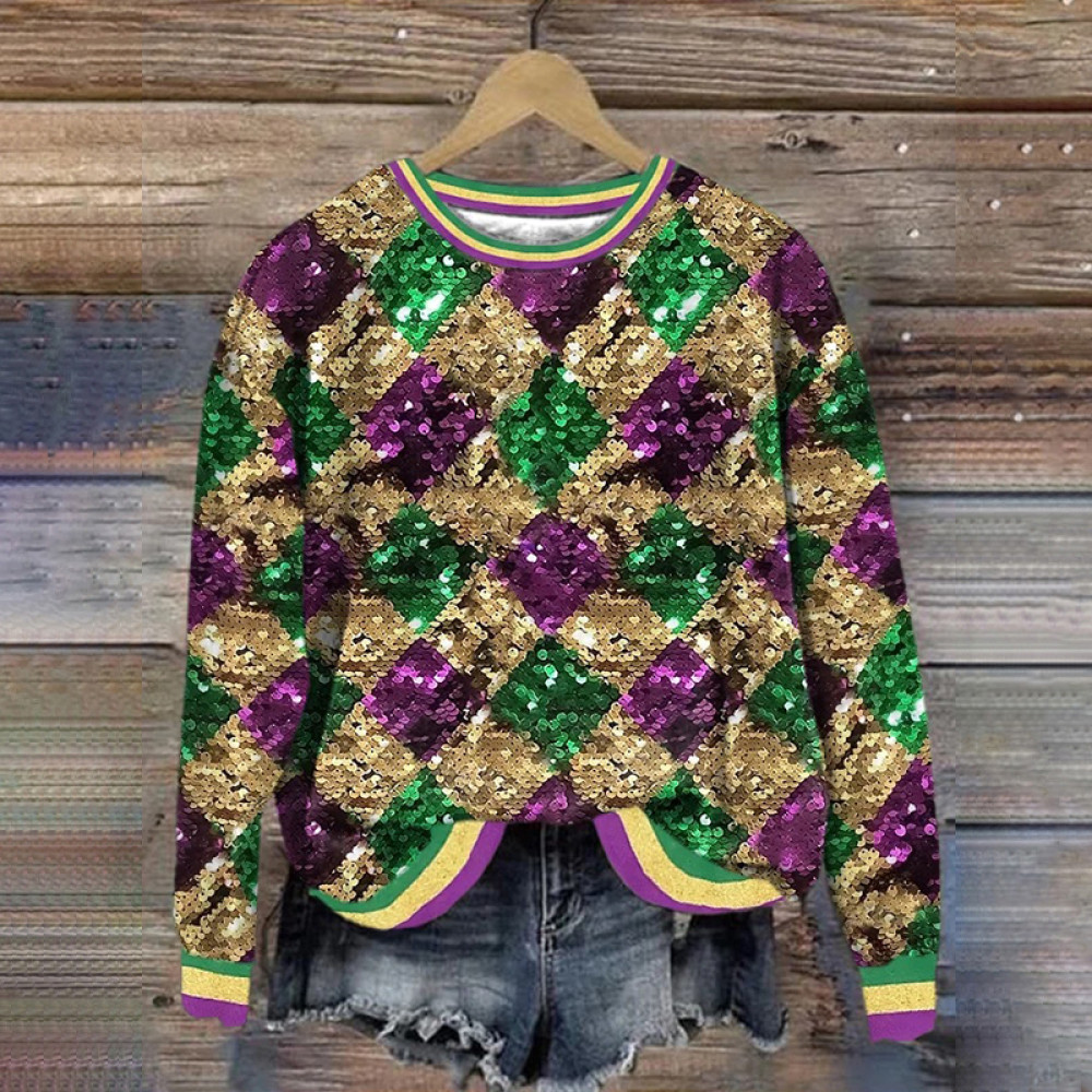 Women's Mardi Gras Sequins Print Long Sleeve Sweatshirt
