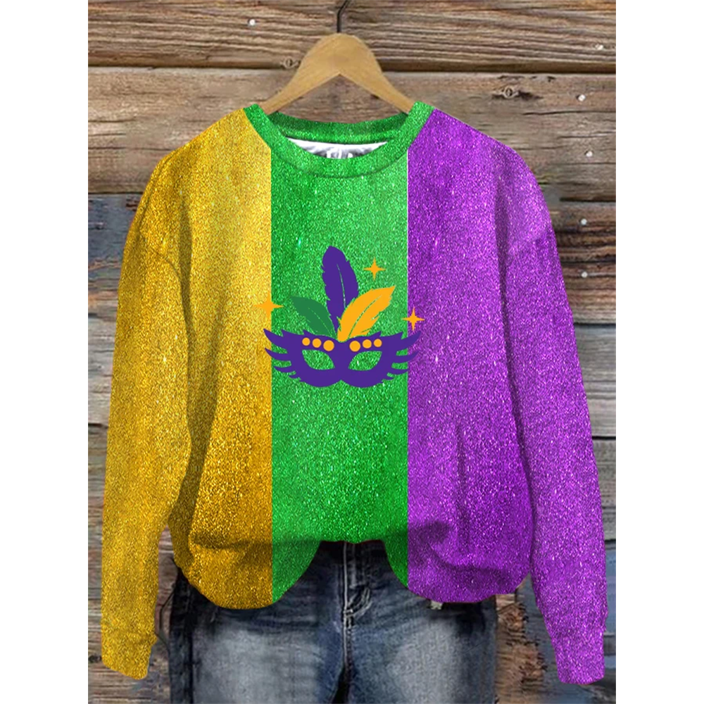 Women's Mardi Gras Tri-Color Mask Print Casual Sweatshirt