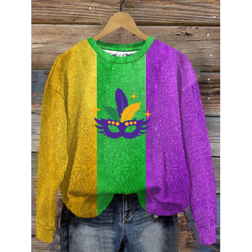 Women's Mardi Gras Tri-Color Mask Print Casual Sweatshirt