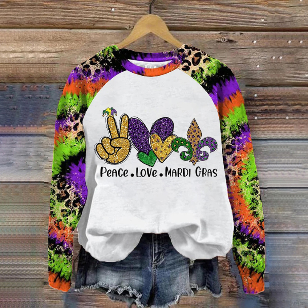 Women's Peace Love Mardi Gras Print Round Neck Sweatshirt