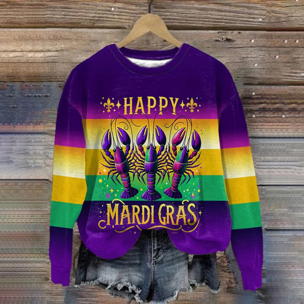 Women's Retro Mardi Gras Crawfish Print Sweatshirt