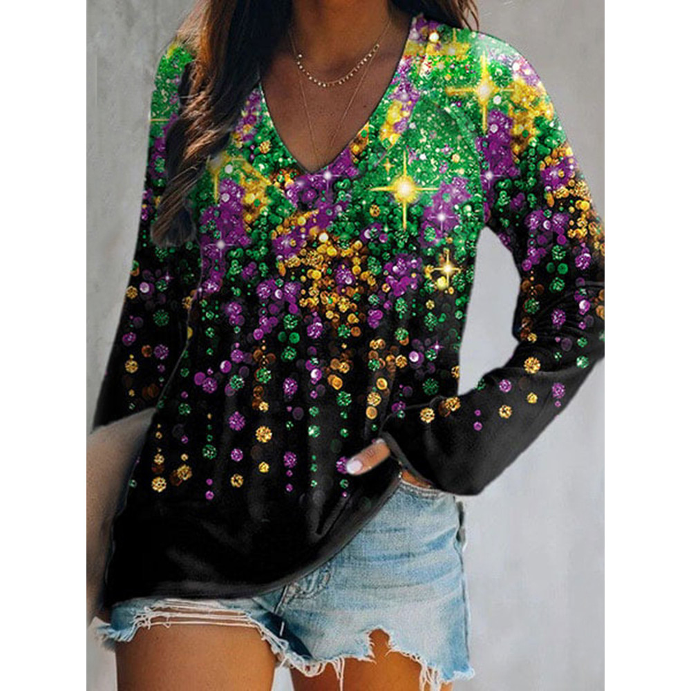Women’s Shiny Mardi Gras Beads Print Long Sleeve T-Shirt