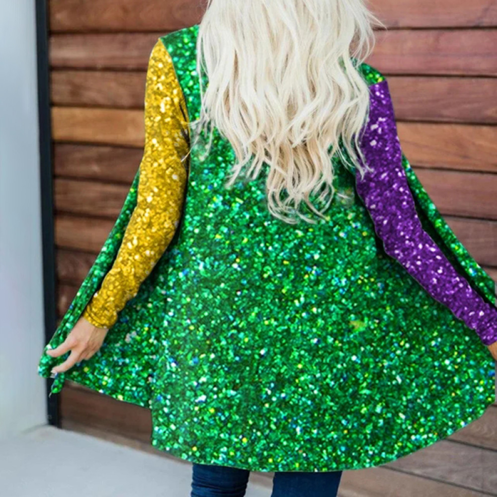 Women's Shiny Mardi Gras Print Casual Cardigan