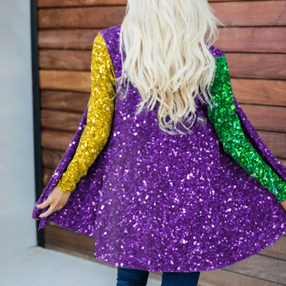 Women's Shiny Mardi Gras Print Casual Cardigan