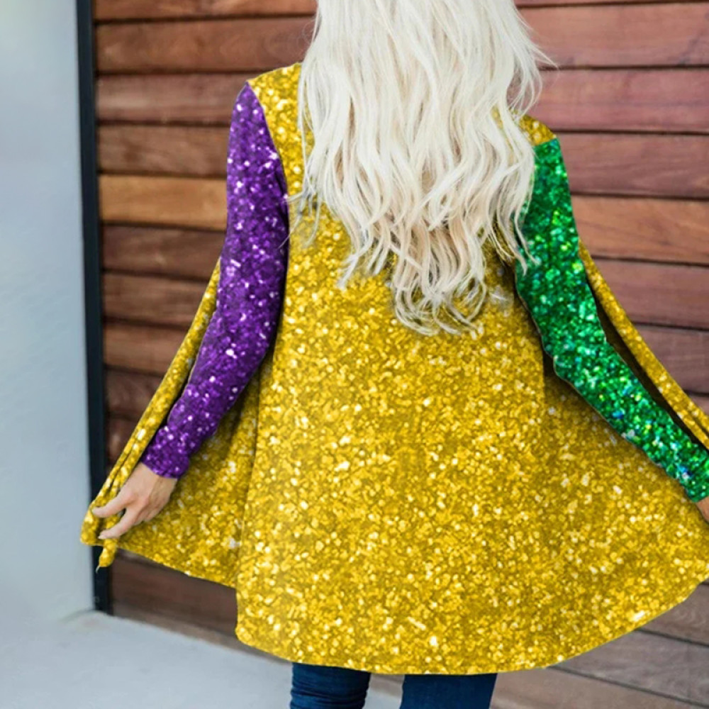 Women's Shiny Mardi Gras Print Casual Cardigan