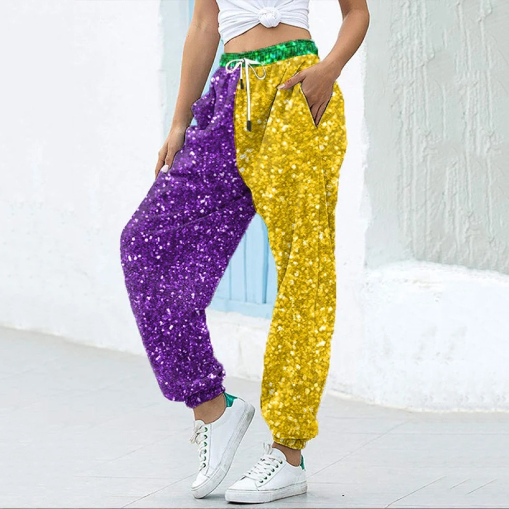 Women's Shiny Mardi Gras Print Casual Pants