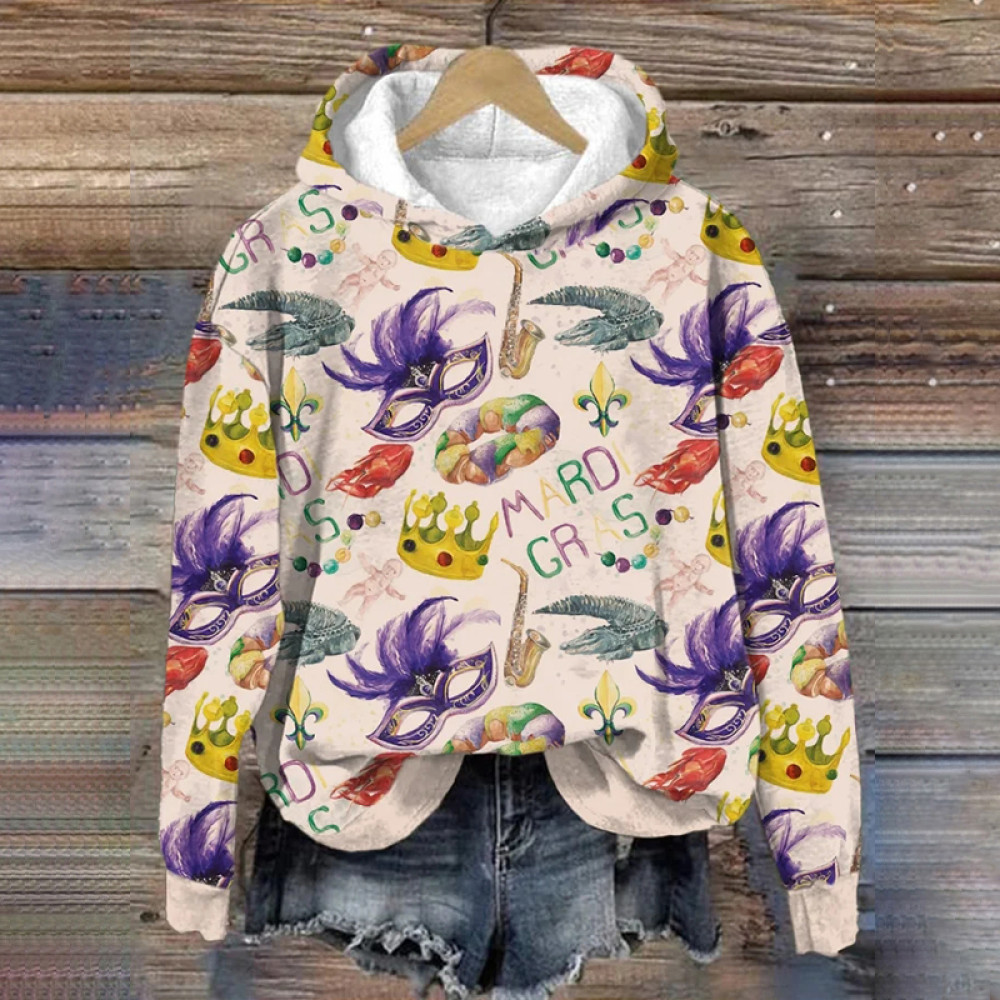 Women's Vintage Mardi Gras Print Long Sleeve Hoodie