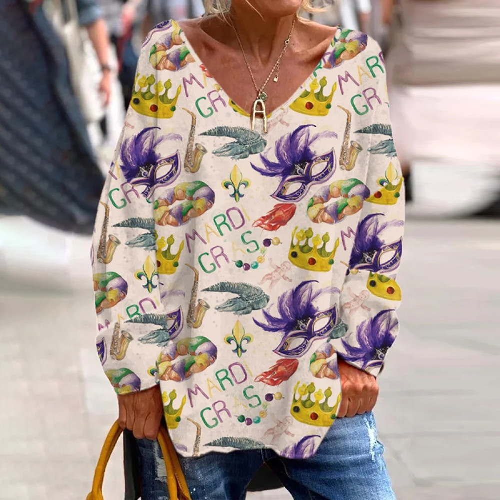 Women's Vintage Mardi Gras Printed Long Sleeve Loose T-Shirt