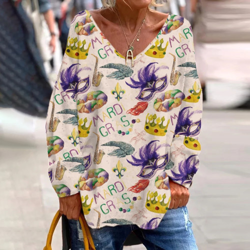 Women's Vintage Mardi Gras Printed Long Sleeve Loose T-Shirt