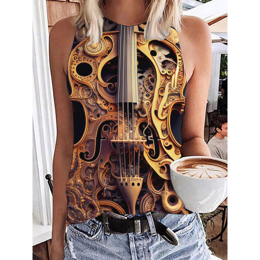 Abstract Cello Art Round Neck Tank Top